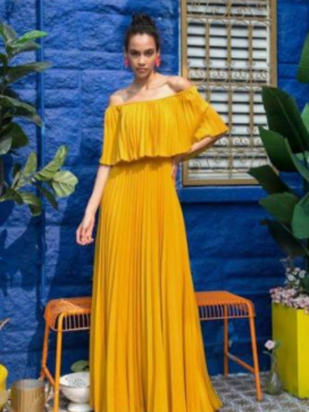 Chicwish Dancing Till Dawn Off Shoulder Pleated Maxi Dress XL Mustard